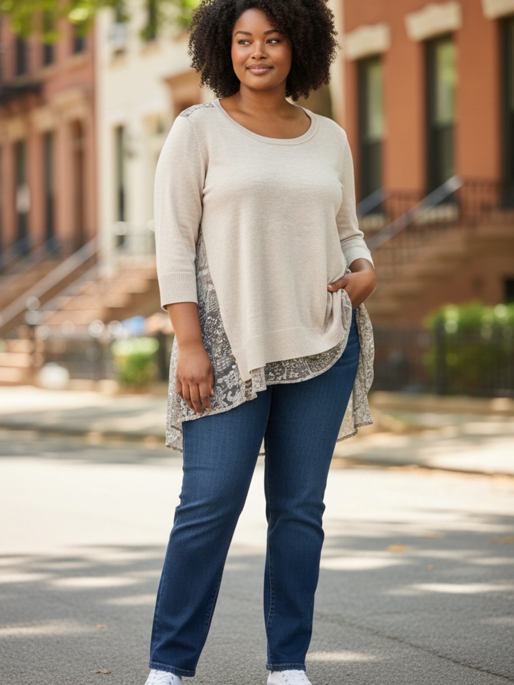 Verve Ami Cream Knit Layered High-Low Top with Patterned Side Panels